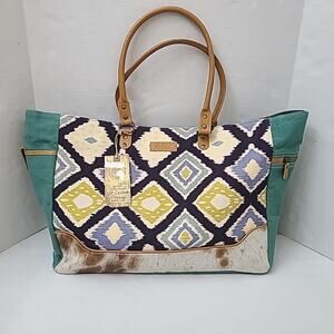NWT Sixtease Tote Weekender Bag Leather Canvas Boho Southwestern Multi Textures